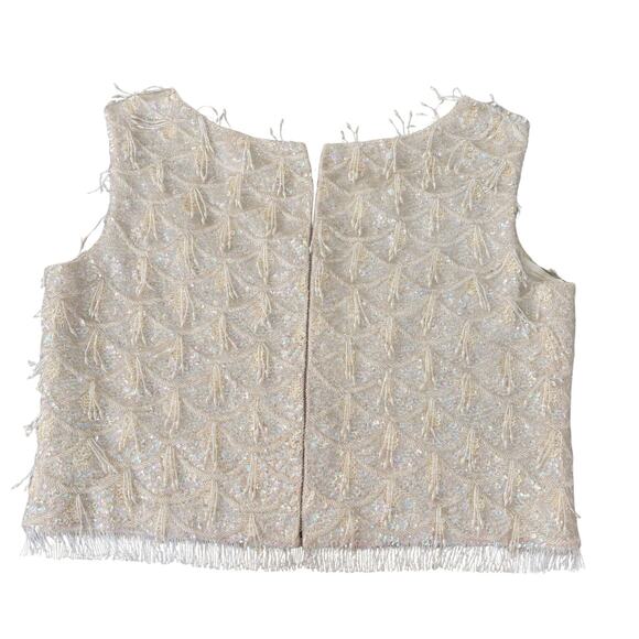Vintage 60s Beaded Sequin Wool Top Flapper Fringe Holiday Party Cocktail Cream M - Picture 4 of 5